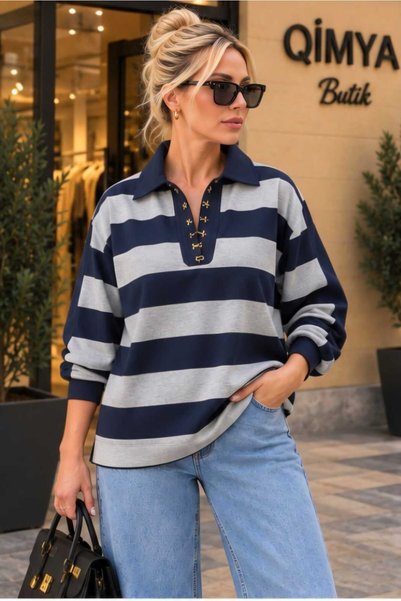 QİMYA BUTİK BEBE PLUS Women's Horizontally Striped, Snap-Front, Polo Collar, ...