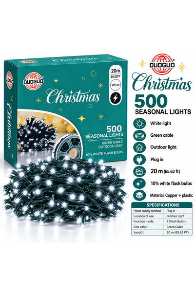 duoguo Instalare lumini de Crăciun, 500 LED-uri, 20 m, cablu verde, alimentar...