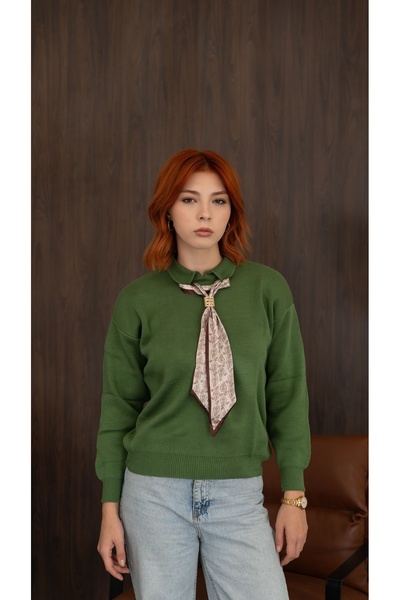 ixoskids club Women's Green Polo Collar Sweater with Scarf Detail