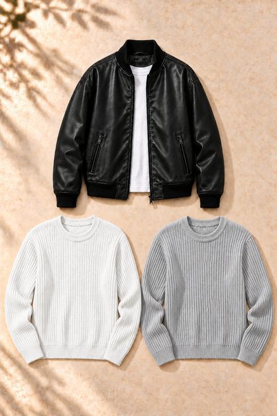legends butik Set de 3 piese pentru bărbați – Jachetă bomber din piele cu dou...