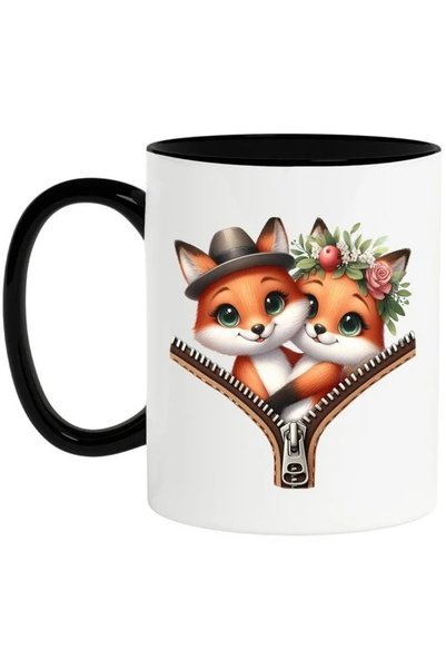 INOVATIX Mug with 2 foxes, illustration, zipper, close, crowded, cheerful, ha...