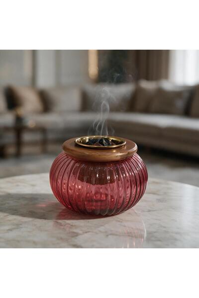 Generic Brand مبخرة هندى زجاج وردى بقاعدة خشب