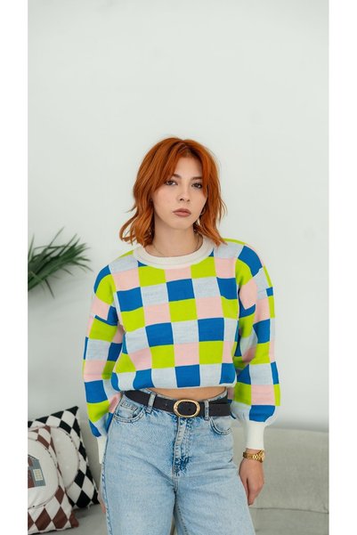 ixoskids club Women's Blue, Pink, and Neon Yellow Checked Crew Neck Knit Sweater
