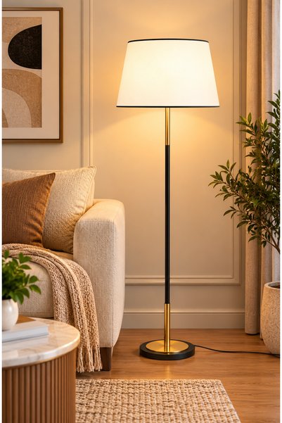 N.zone Modern Luxury Black and Gold Designer Floor Lamp, Long White Fabric Sh...