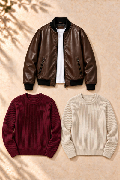 legends butik Set de 3 piese pentru bărbați – Jachetă bomber din piele cu dou...
