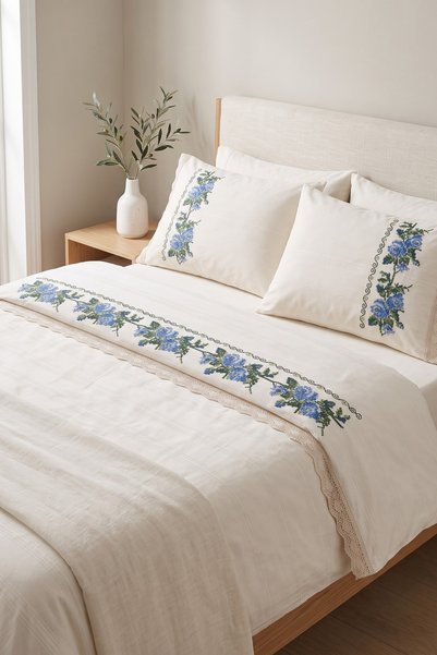 Destiva Home 4-Piece Cross-Stitch Embroidered Duvet Cover Set with Non-Elasti...