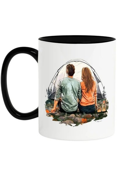 INOVATIX Mug with a woman and a man in a forest with a tent, camping, With Bl...