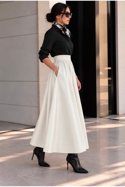 Heyya Women's Leather High-Waisted Flared Ankle-Length Skirt