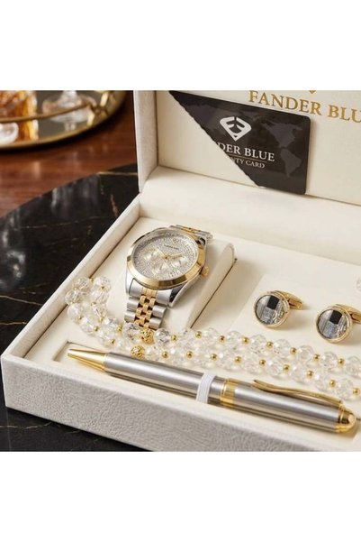 FANDER BLUE طقم رجالي كلاسيكي - فضي بخلفية ساعة رصاصي