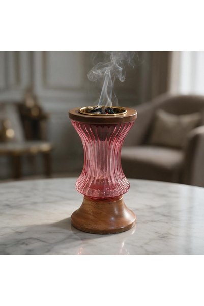 Generic Brand Hindi Glass Pink Incense Burner with Wooden Base