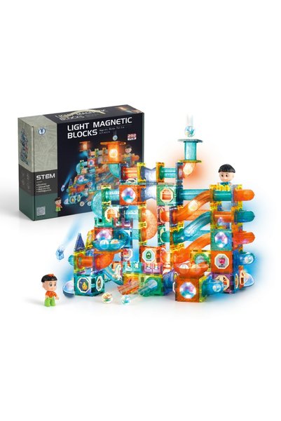 PinkBlue Joc de Constructie Magnetic Marble Run, Circuit cu Bile si Lumini, S...