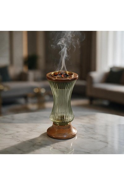 Generic Brand Hindi Green Olive Glass Incense Burner with Wooden Base