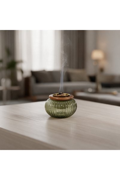 Generic Brand Hindi Green Olive Glass Incense Burner with Wooden Base