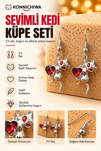 FG KONNİCHİWA Cute Cat-Shaped Earring Set (Set of 2) – Available in Black and...