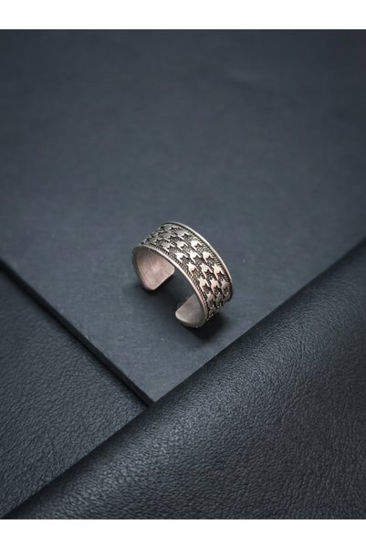 Velcari Adjustable Textured Checked-Pattern Wide-Band Ring—Open Ring That Fit...