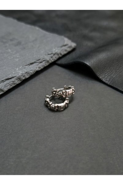 Velcari Men's Steel Earrings, Silver-Colored Skull-Motif Stacked Hoop Earrings