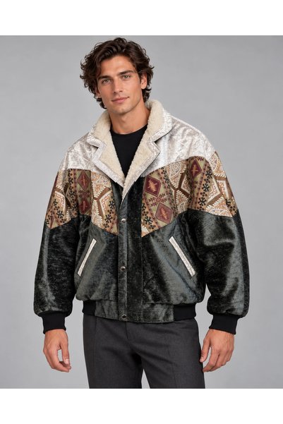 CANMODA (8122) Мъжко бомбър яке с пухкава яка винтидж десен пачуърк - L/XL