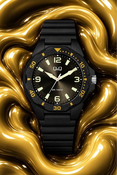 Q&Q 10 ATM Su Geçirmez - 43 mm - Siyah Sarı Detaylı Analog Yetişkin Çocuk Kol...
