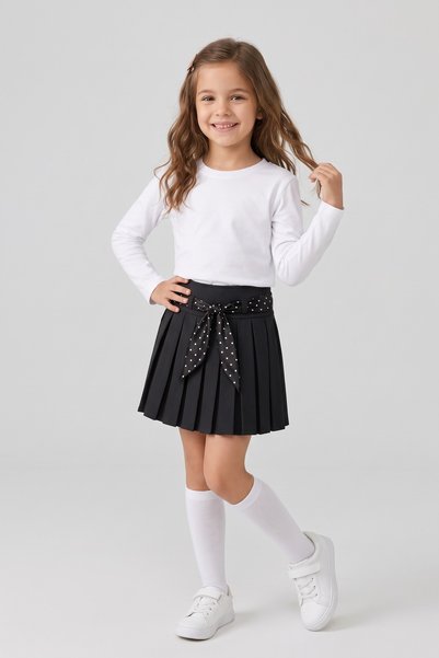 nacar çarşı Tricou alb cu mâneci lungi pentru fete, fustă plisată neagră, cur...