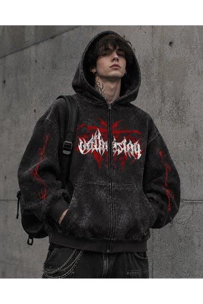 Minga London MidnightRebellion Baskılı Oversize Ninja Yıkamalı Hırka