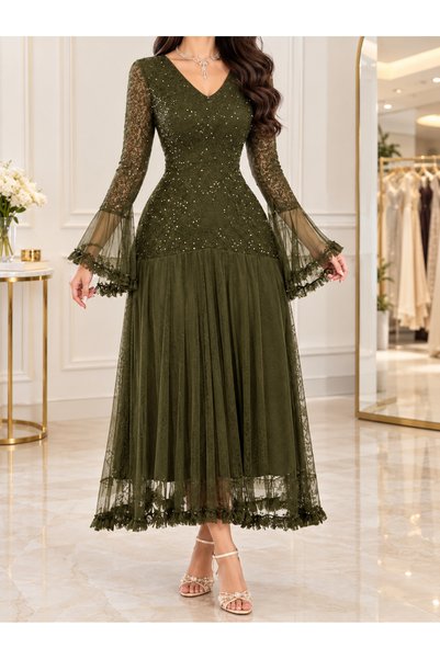nouf Long Glitter Embroidery Sheer Lace Sleeveless Oily Evening Dress
