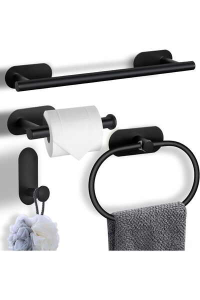 Yelajoy 4-Pieces Matte Black Bathroom Hardware Set, Self-Adhesive Bathroom Ac...