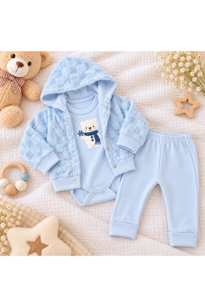 BEBELON DETAILED BABY 3-PIECE SET WITH A BEAR AND A SCARF B