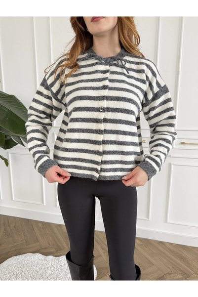 Lamierra Cardigan with a Crew Neck, Striped Pattern, and Tie-Detail