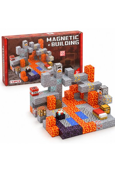 OEM Set cuburi magnetice de construit, 143 piese, Pestera cu Lava, design pix...