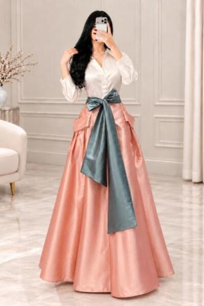 avinci Women's Sporty Pink Satin Dress with Luxurious Green Scarf | ARUSHI