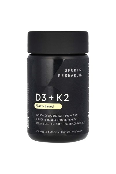 Sports Research Vegan Vitamin D3 + K2 w/Coconut Oil, 120 Count Plantgels