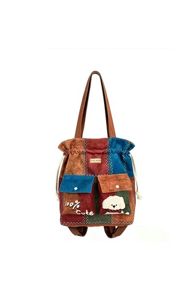 Street Bag حقيبة ظهر وحقيبة يد نسائية بتصميم كوري أنيق، مزينة بنقشة كلب أبيض ...