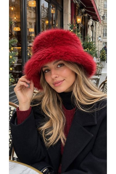 FELLMENS Red Premium Soft-Textured Faux Fur Fur Hat for Women