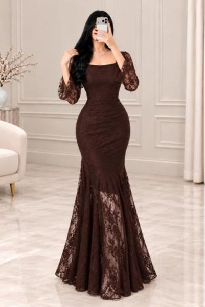 arushi Women's Luxury Brown Lace Evening Dress |