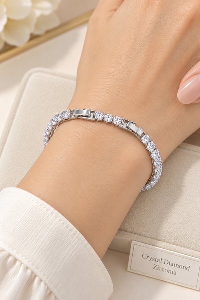 Crystal Diamond Zirconia 0,50 Karat Luna Işıltısı Kalın Su Yolu Bileklik Beyaz
