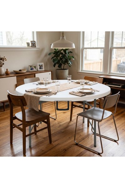 Other Fiber White Round Folding Table 122cm for Travel, Camping, and Home