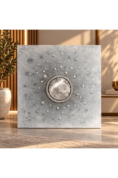 Binown Silver Glow Panel Modern Wall Art with Round Embossed Design 100*100