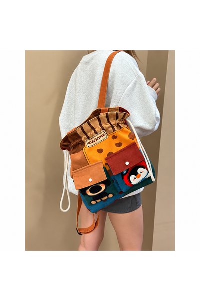 Street Bag حقيبة ظهر وحقيبة يد نسائية بتصميم كوري لطيف، مزينة بنقشة كلب وطوقا...