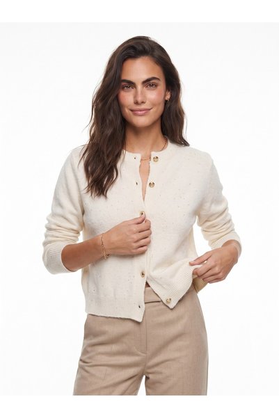 WeShaya Cream-Colored Knitted Cardigan with Sequin Accents, Rib Knit, Long-Sl...