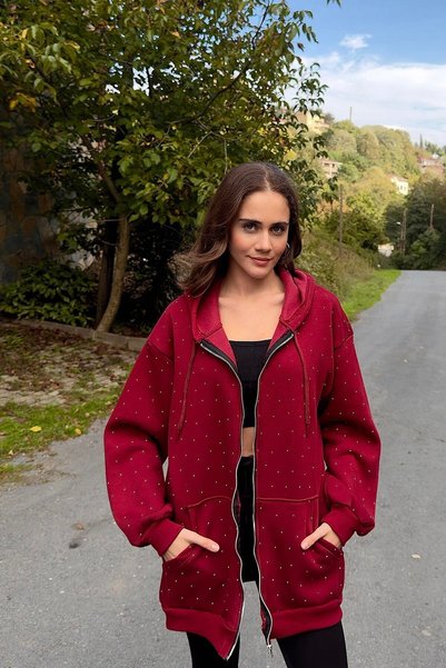 WeShaya Oversized Sweatshirt Cardigan with Burgundy Stones, Three-Ply, Brushe...