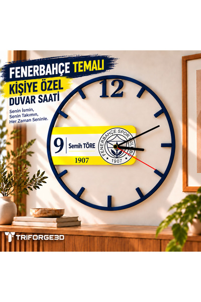 Genel Markalar Kişiye Özel Lacivert Sarı Taraftar Duvar Saati İsimli Futbol T...