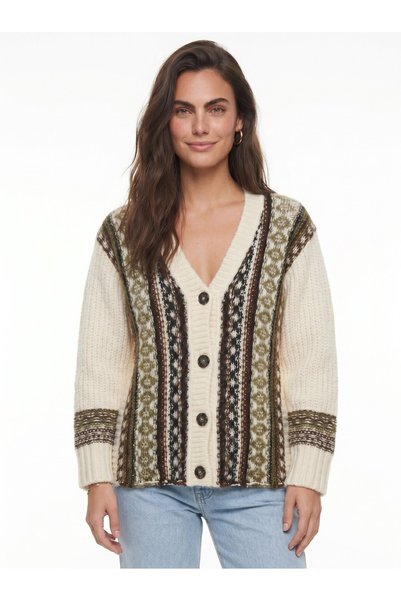 WeShaya Cream-Colored Knit Cardigan with Ethnic Pattern, Oversized, Rib Knit,...