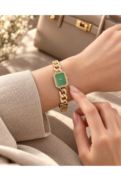 Generic Brand ساعة يد نسائية ذهبية – تصميم مستطيل مرصع بالأحجار، سوار سلسلة، ...