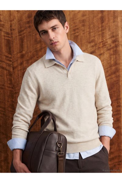 LC Waikiki Men's Wool Blend Knitwear Sweater with Turn-Down Roba Collar for S...