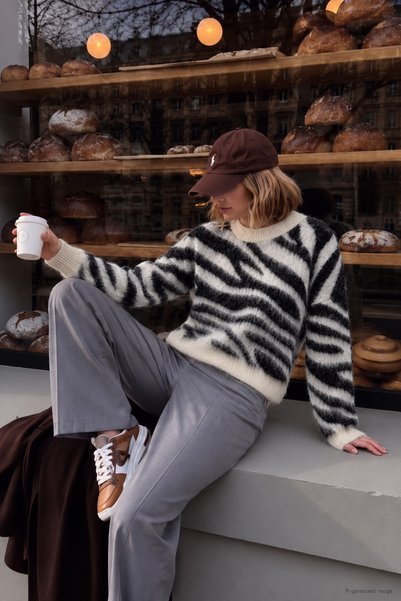 Ortaya Çık Black and White Zebra-Print Knit Sweater