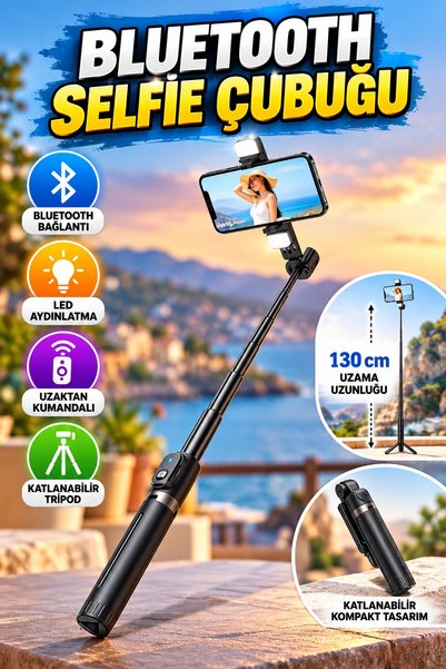 canrodi 130 cm Bluetooth Selfie Stick – With LED Light, Remote Control, Folda...