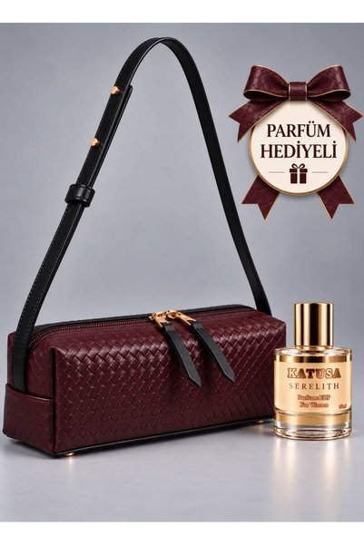 Katusa Women's Burgundy Basket-Patterned Faux Leather Luxury Shoulder Bag wit...