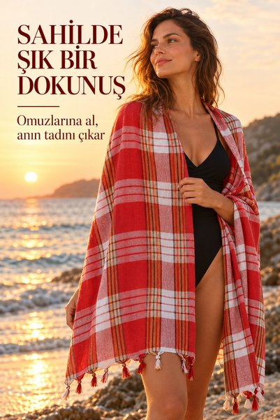 Melis Home Kırmızı Kareli Türk Peştamalı 75x180 cm – Çift Tarafı Püsküllü Pla...