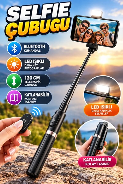 canrodi 130 cm Telescopic Selfie Stick – Bluetooth-Controlled, LED-Lit, and F...