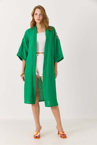 WeShaya Green-Patterned Tasseled Kimono, Viscose, Woven, Drop-Shoulder